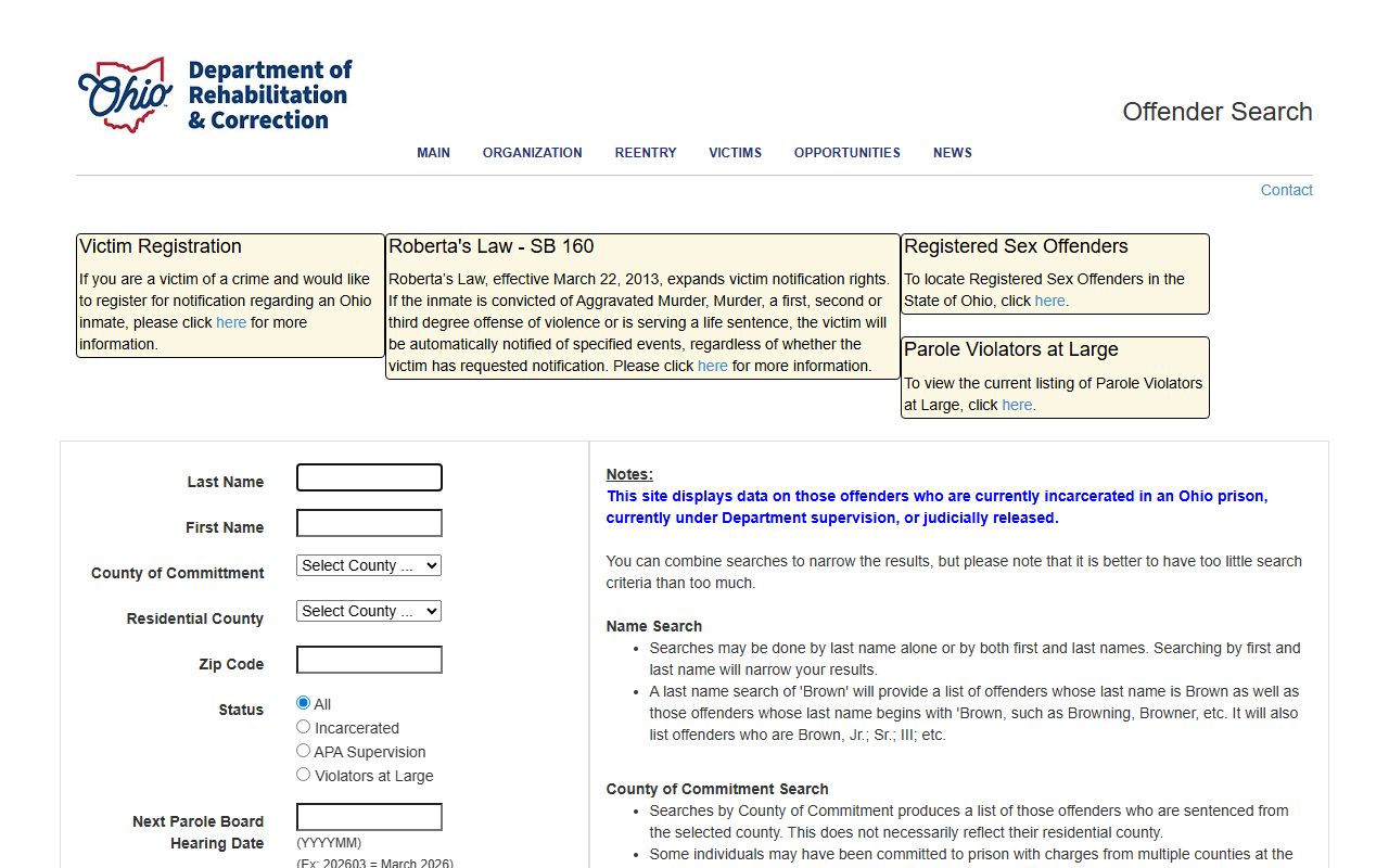 Ohio ODRC inmate search database for sex offenders